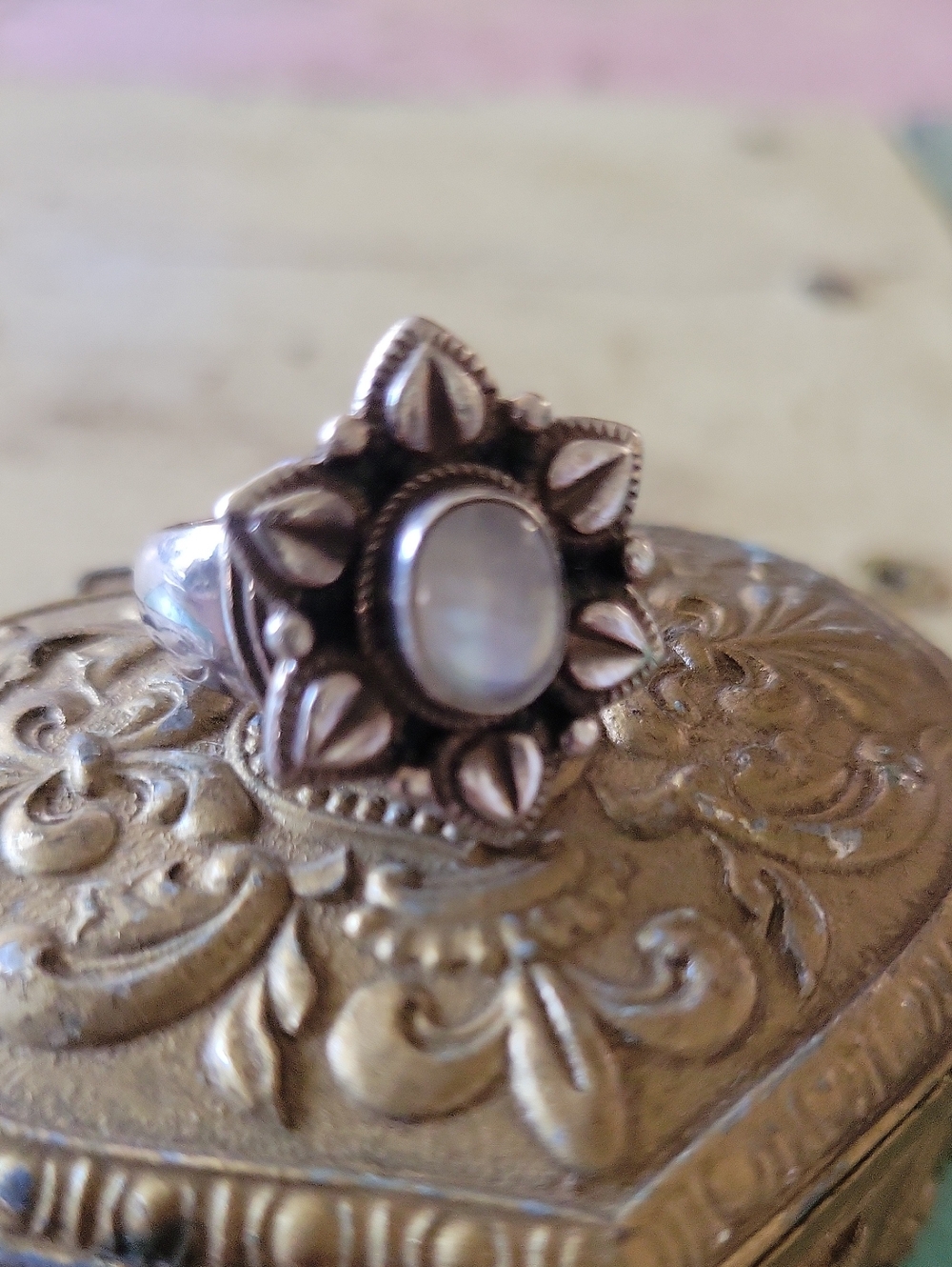 Sterling Silver Moonstone Floral Statement Ring - White